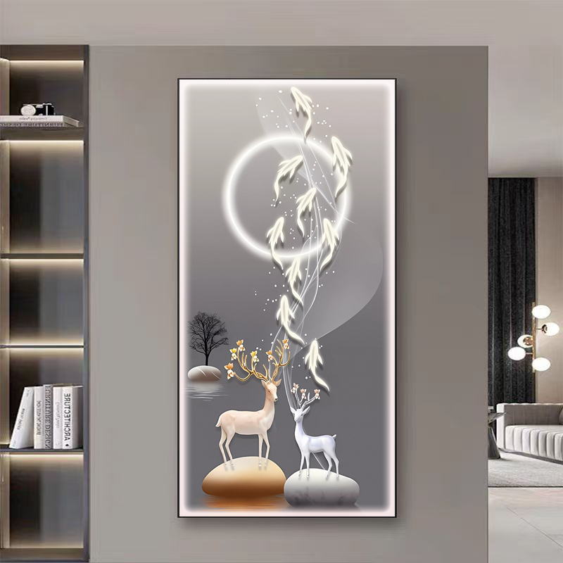 轻奢入户玄关装饰画进门客厅走廊过道挂画新款大气麋鹿竖版墙壁画