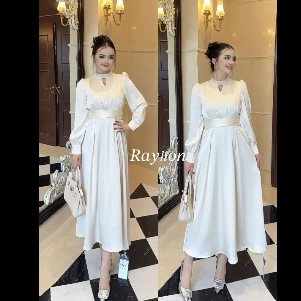 Rayhon秋季新款法式气质高腰显瘦赫本风长袖缎面收腰连衣裙