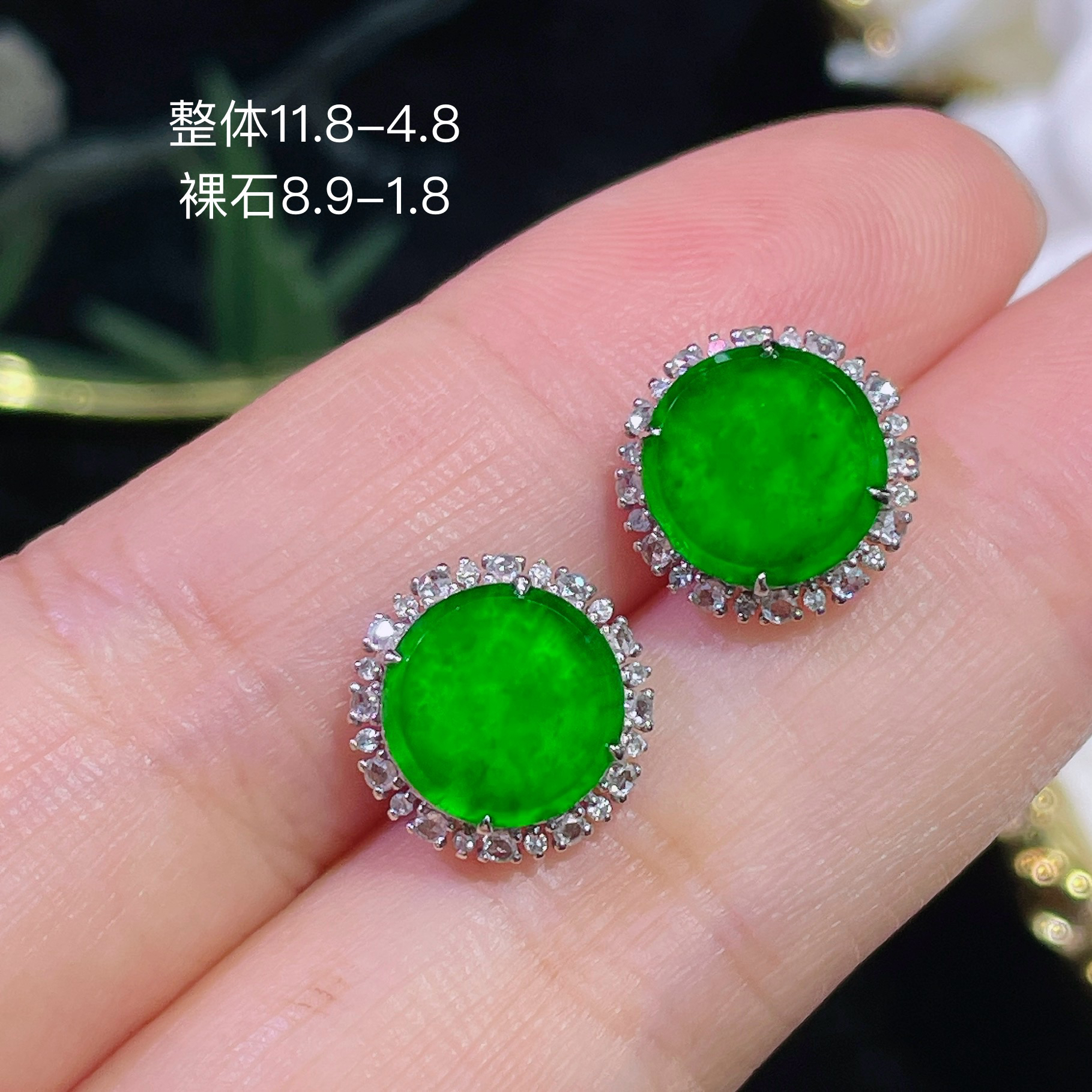 高端翡翠天然缅甸A货18k金镶嵌钻石阳绿色辣绿色满绿圆牌耳钉