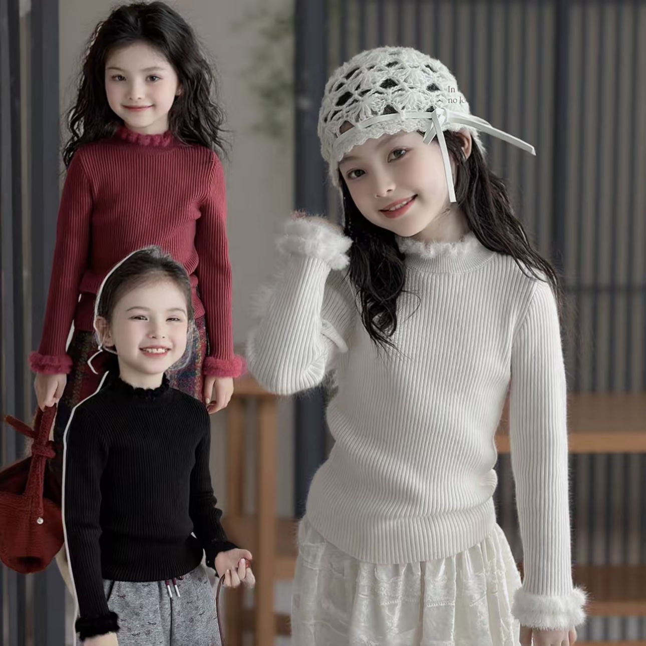 秋冬中国风女童加厚木耳边亲肤打底毛衣童装针织衫内搭厚款