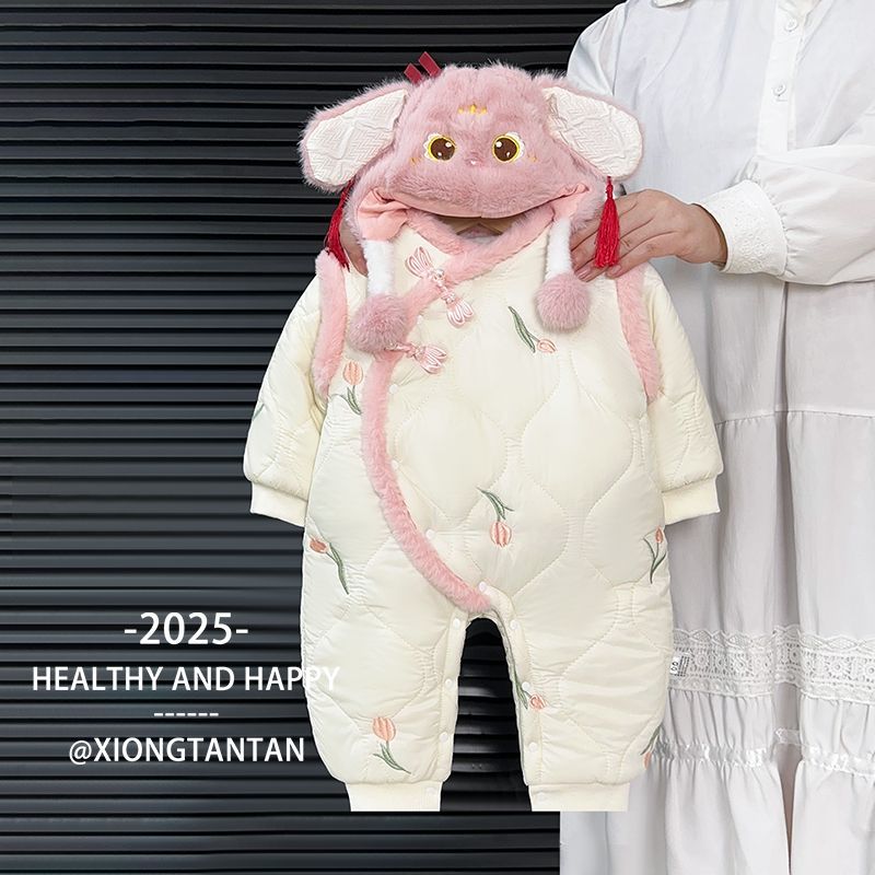 婴儿冬季衣服加绒宝宝加厚哈衣连体衣保暖外出冬装棉服外出服爬服