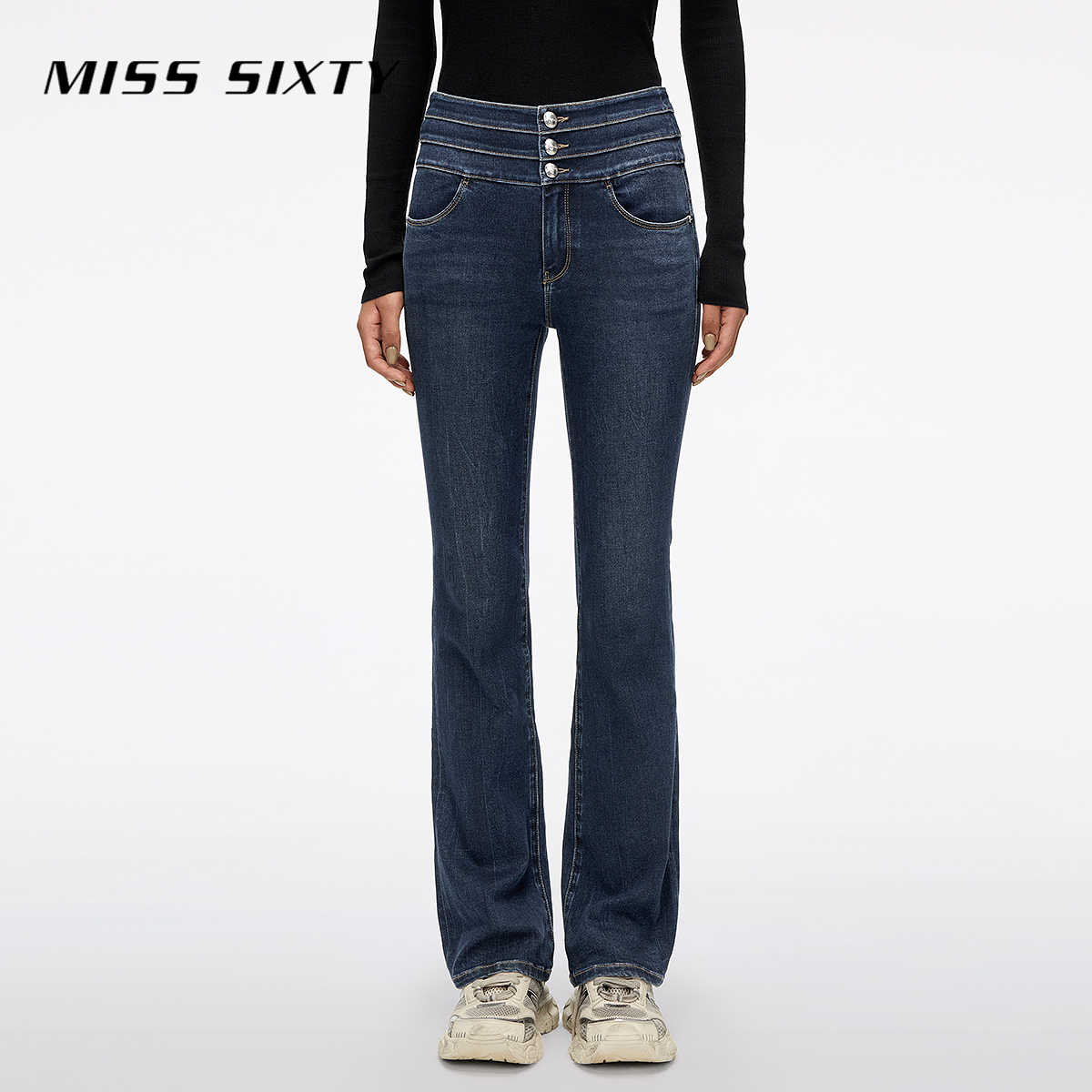 Miss Sixty2025秋季新款牛仔裤女三环高腰显瘦修身微喇叭裤子