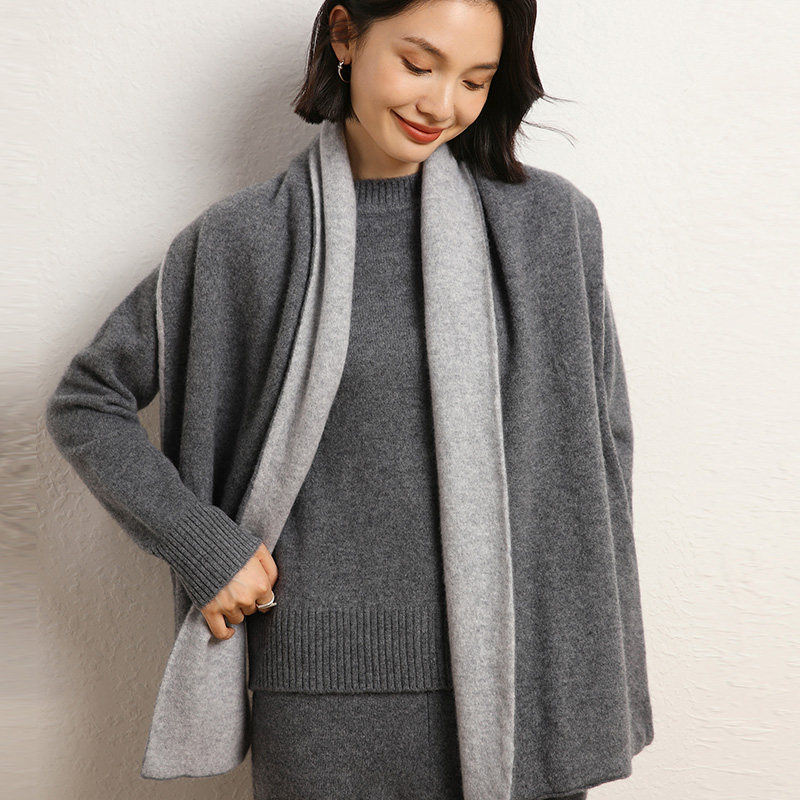 A类100%纯山羊绒针织围巾口袋双面女冬季保暖日系百搭双层围脖