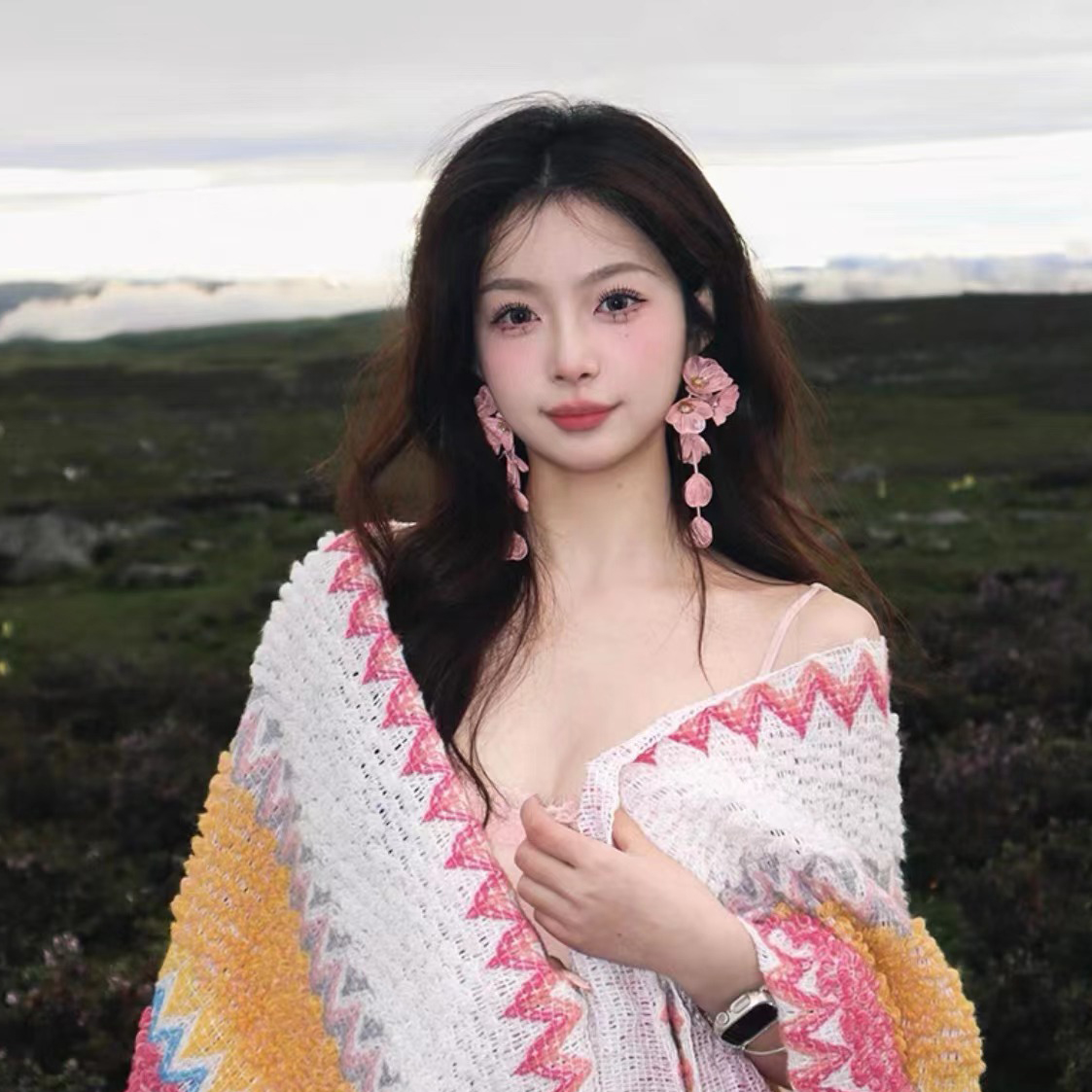 非金属布艺耳饰 新中式长款项链流苏花朵耳环女轻奢小众耳钉合金