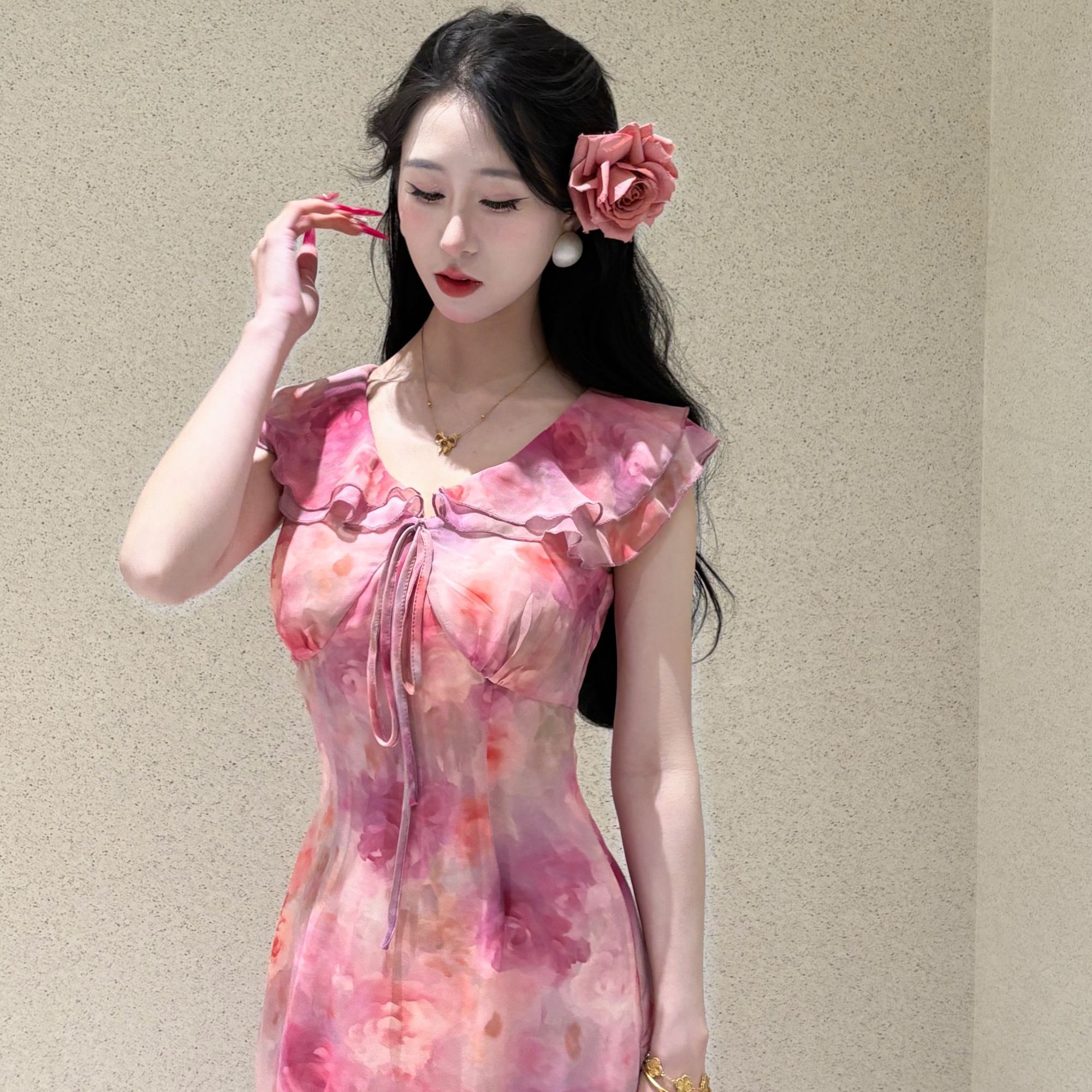 画报夫人原创自制显瘦碎花裙新中式国风连衣裙 梨花粉晕