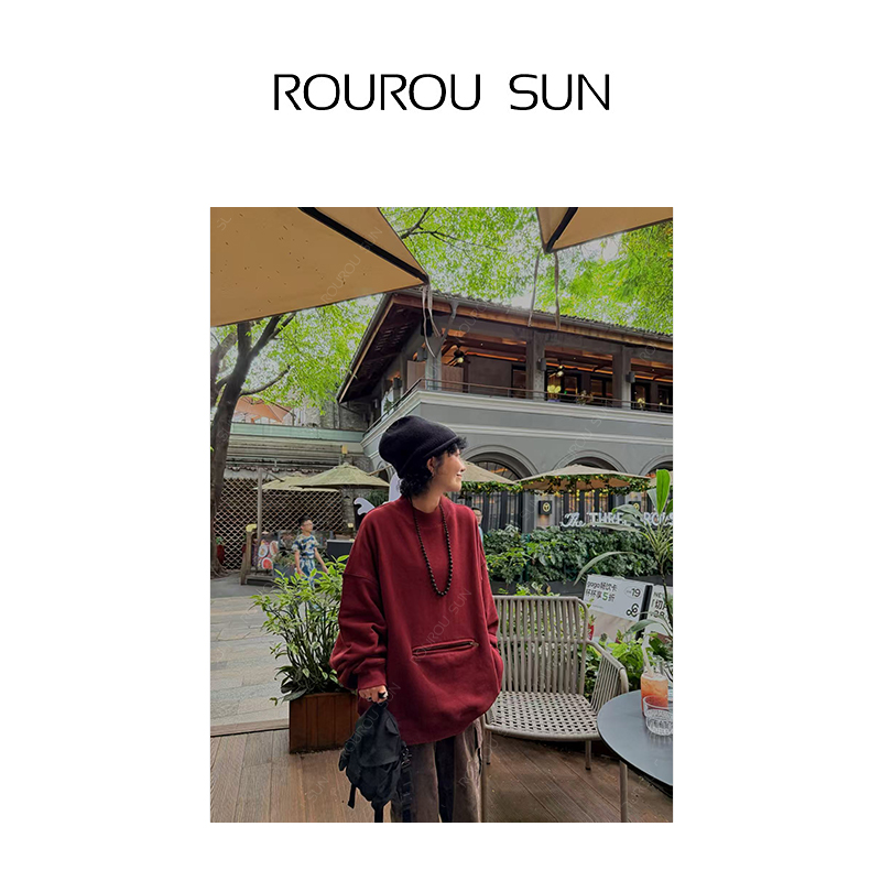 27832早秋款女装设计感口袋拉链长袖卫衣女时尚宽松套头上衣