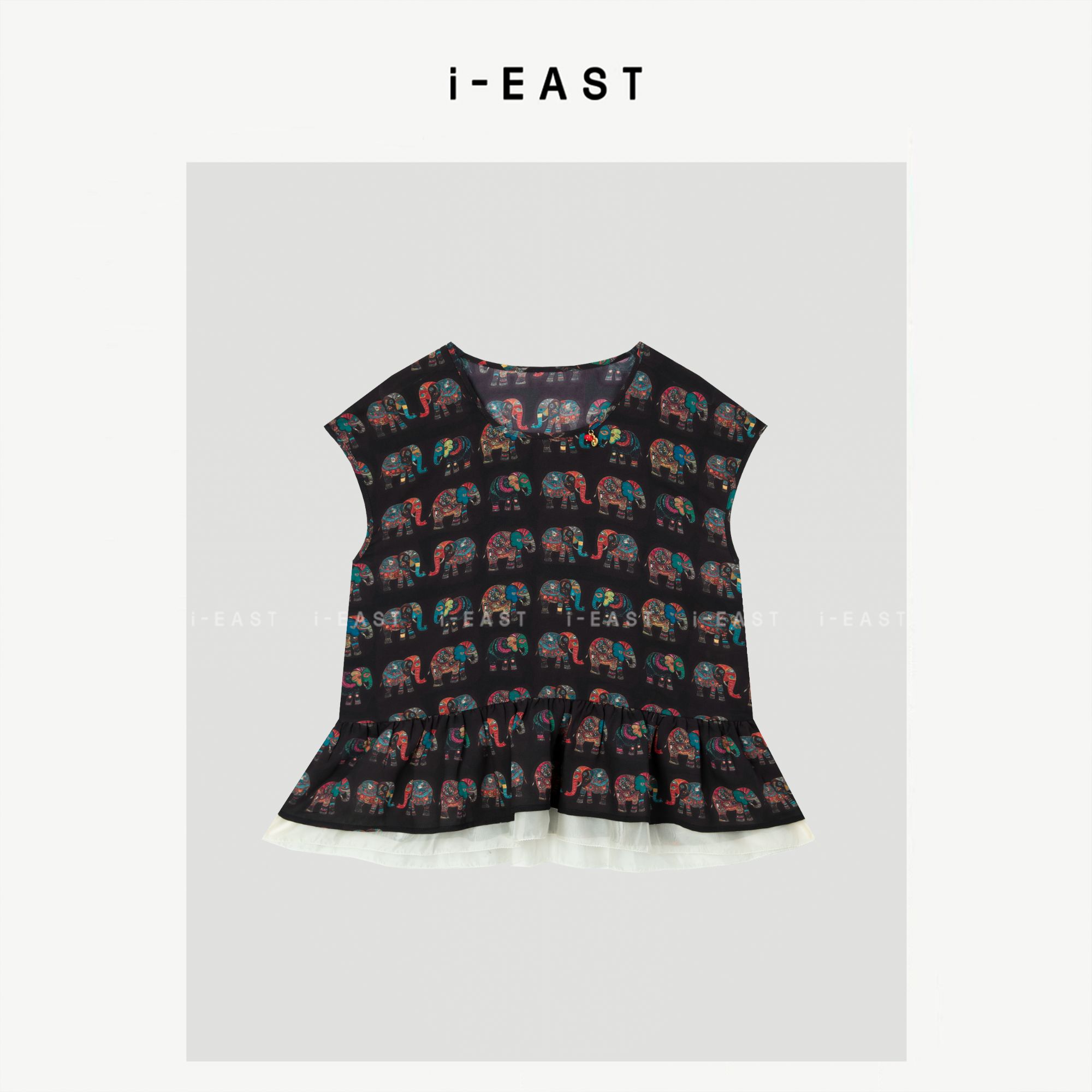 i-EAST 彩色大象~新中式国风大象短袖上衣-5X GF5756