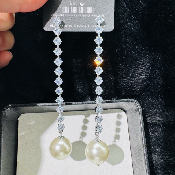 铜合金合成锆石耳饰 简约长款流苏珠珠耳环气质优雅时尚百搭耳坠