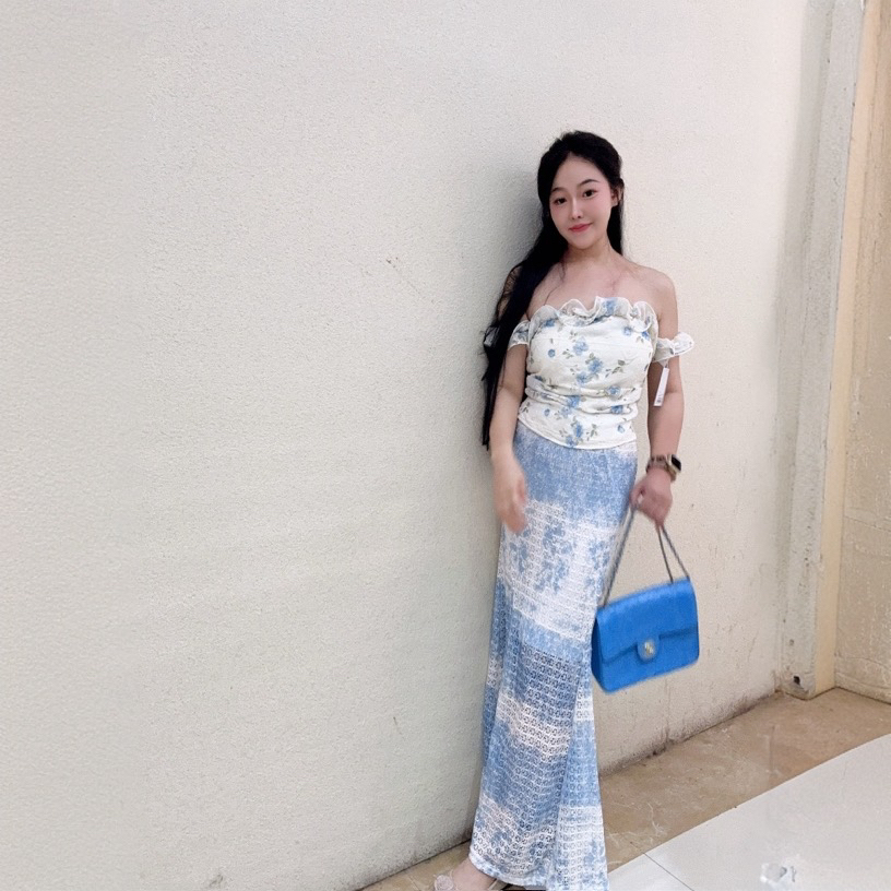 【金妮家小香风】复古花边一字肩上衣搭配高腰鱼尾半身裙度假风套装