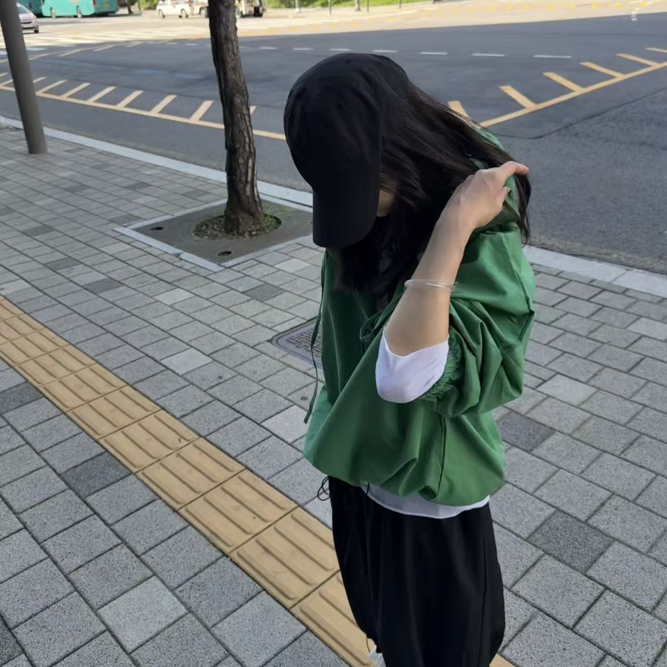 ｛귤 언니｝ec超大帅气水洗棉半拉链连帽外套