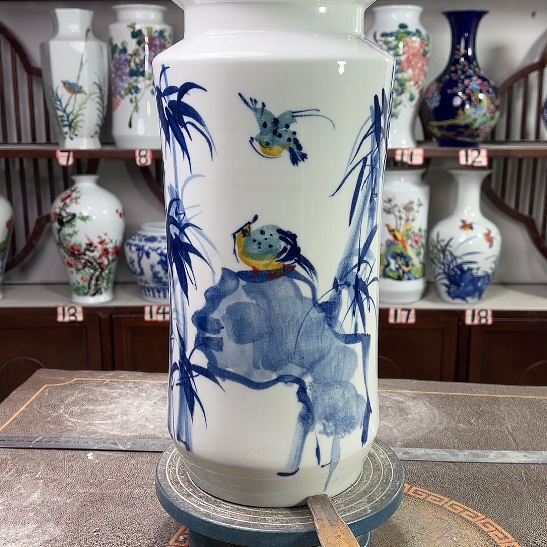 摆件陶景德镇陶瓷书竹鸟