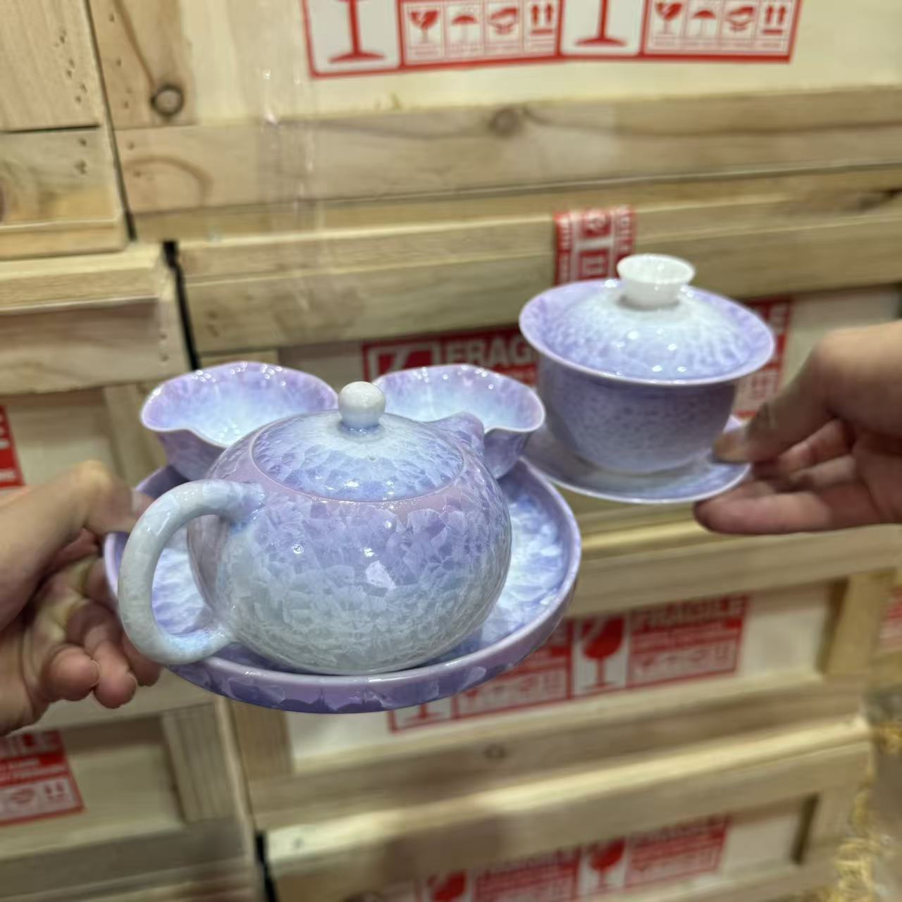 紫色冰晶釉一壶两杯带盖碗 MC181