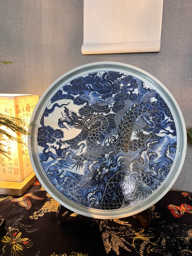 景德镇手工手绘 元青花五龙大赏盘 大干泡重工绘画 