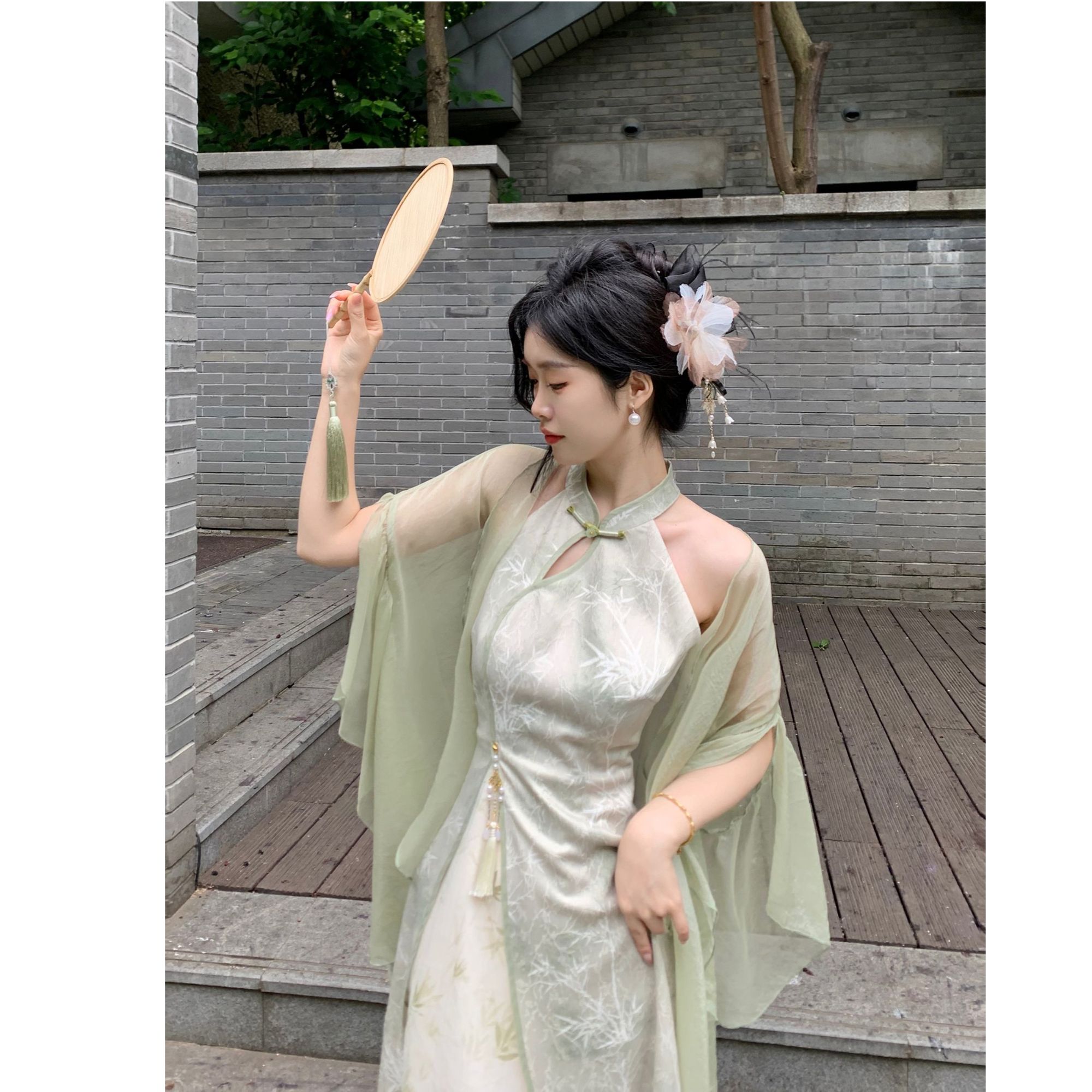 竹影皓月 国风中式夏季提花拼接印花挂脖旗袍连衣裙+开衫两件套