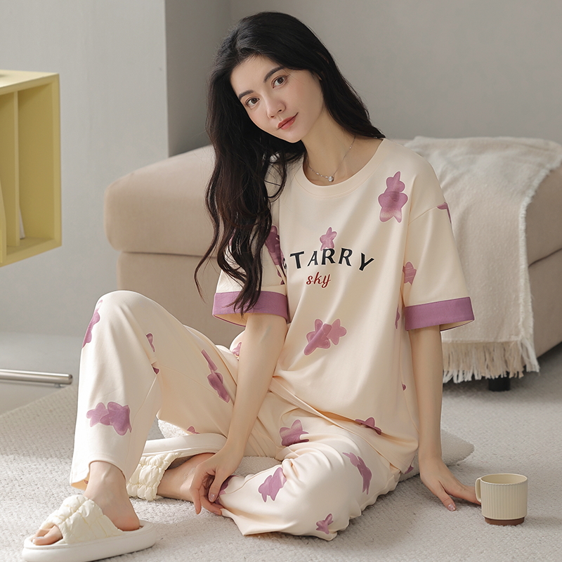 睡衣女春秋款短袖长裤圆领宽松可外穿秋季套头女士家居服套装