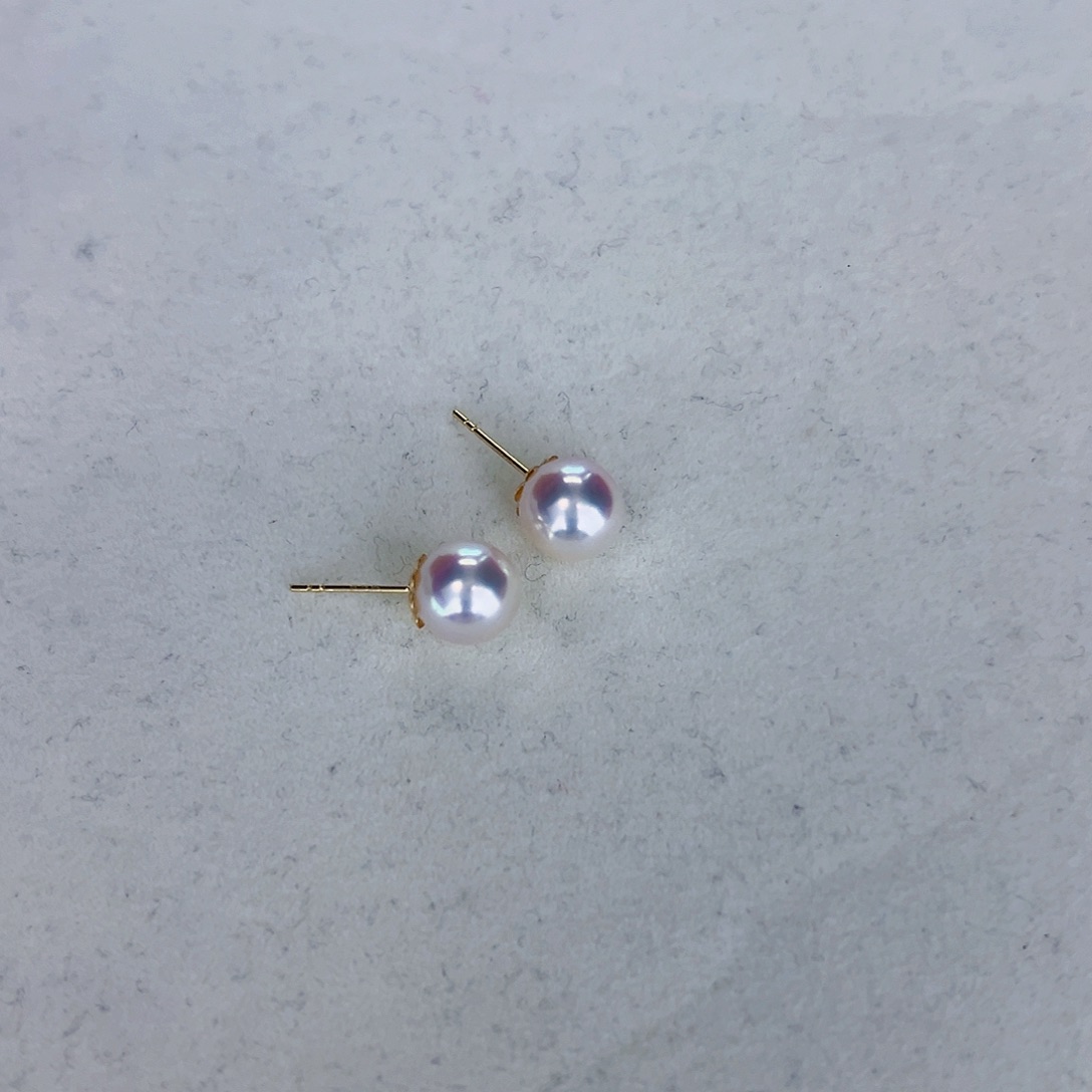 海水珍珠海水akoya天女耳钉7.5-8mm18K金镶嵌