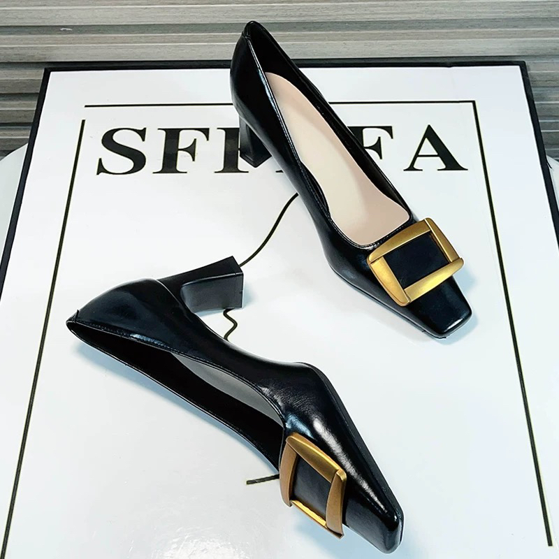 港风女主～通勤浅口职业工作粗跟单鞋女新款方口头高跟鞋复古36-58