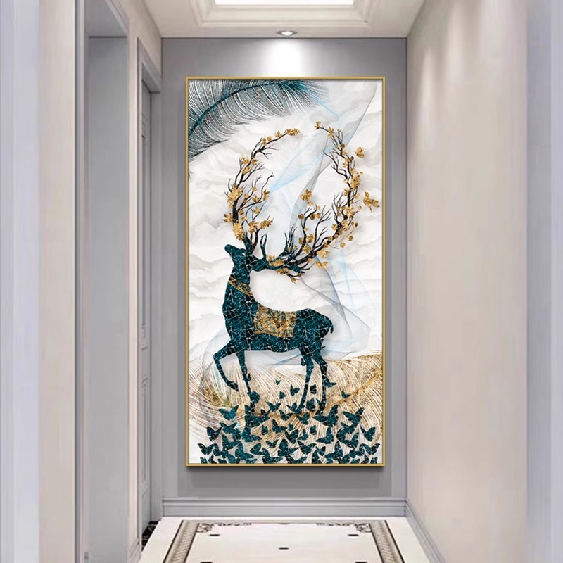 新款玄关挂画糜鹿福禄呈祥高档客厅走廊尽头过道装饰画进门入户画