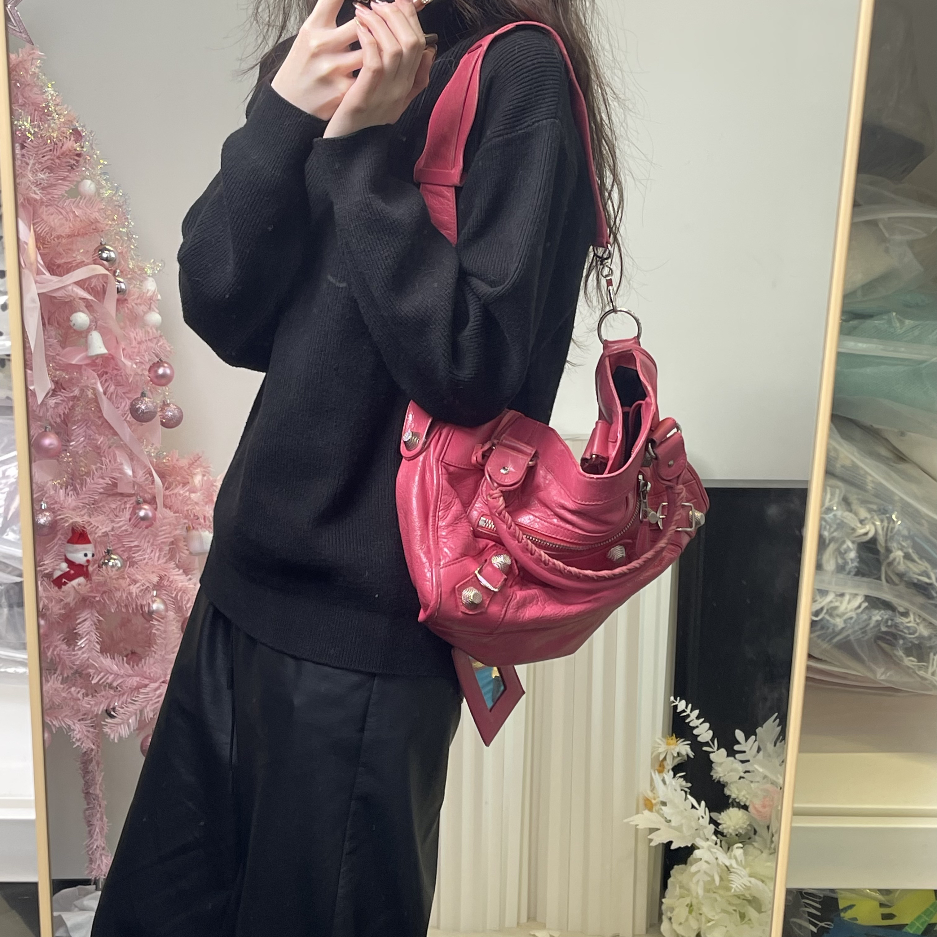 95新 Balenciaga/巴黎世家 爱夏奢品/巴黎世家玫红银机车包/80543