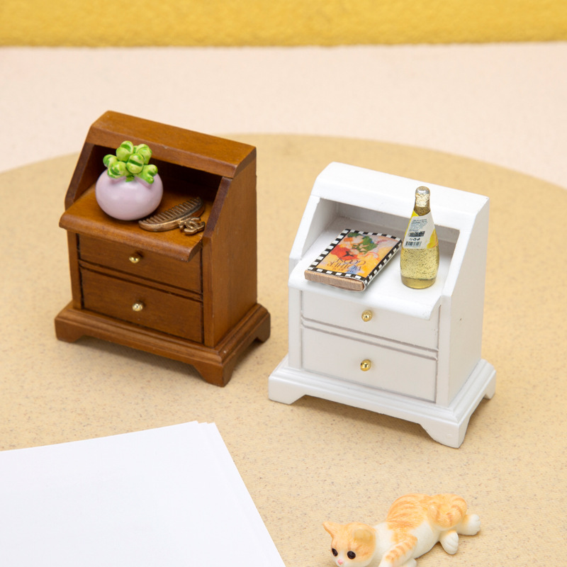 1：12床头柜创意欧式简约迷你小家具摆件DIY模型娃娃屋双斗床头柜
