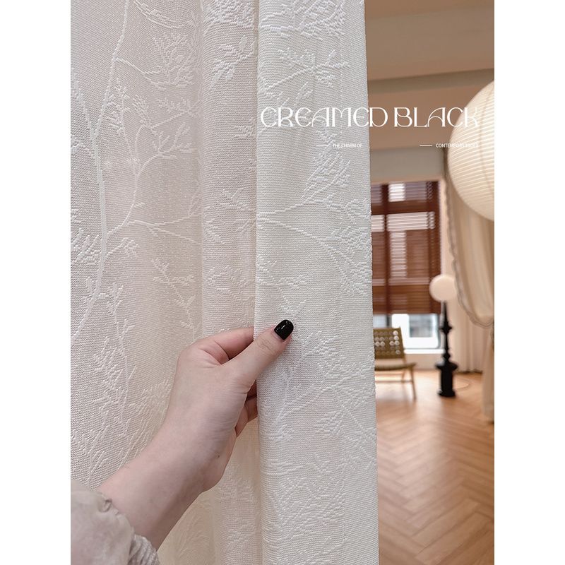 柳畔 复古镜面纱帘中古透光不透人窗纱客厅飘窗奶油色提花