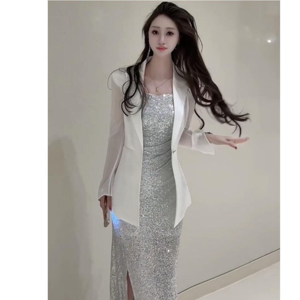 2025春夏网红新款时尚百搭休闲西装上衣女高级感缎面显瘦西服外套