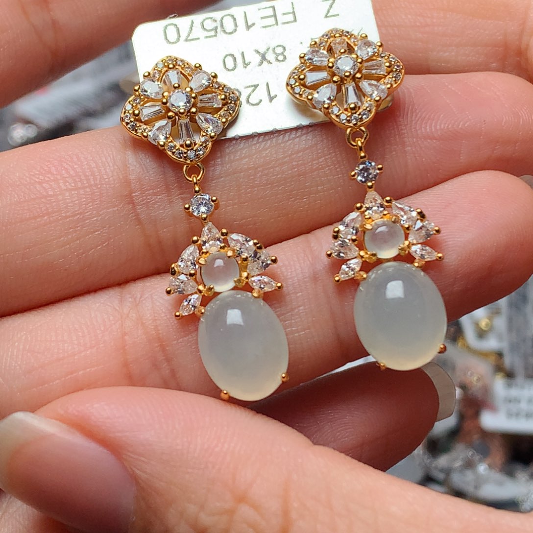 翡翠戒指银S925镶嵌天然翡翠耳饰