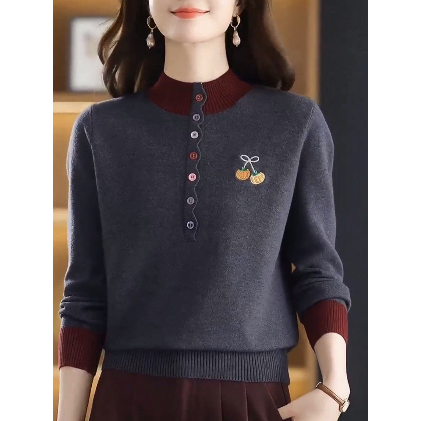 半高领拼色毛衣女秋冬新款套头宽松洋气针织打底衫百搭毛衫上衣