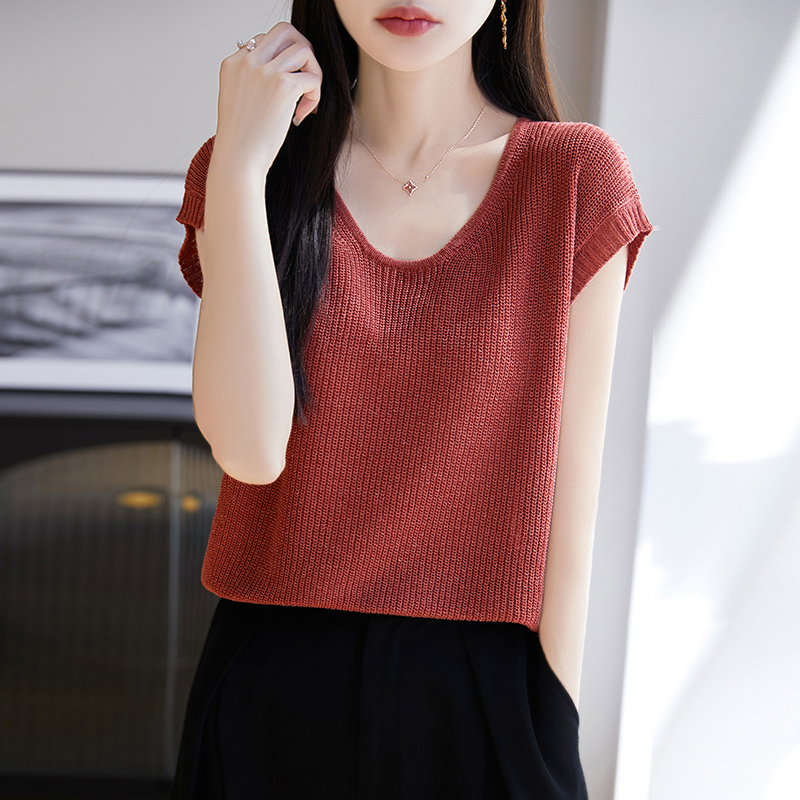 圆领短袖t恤女夏季薄款飞袖针织衫高级感上衣25新款天丝亚麻背心