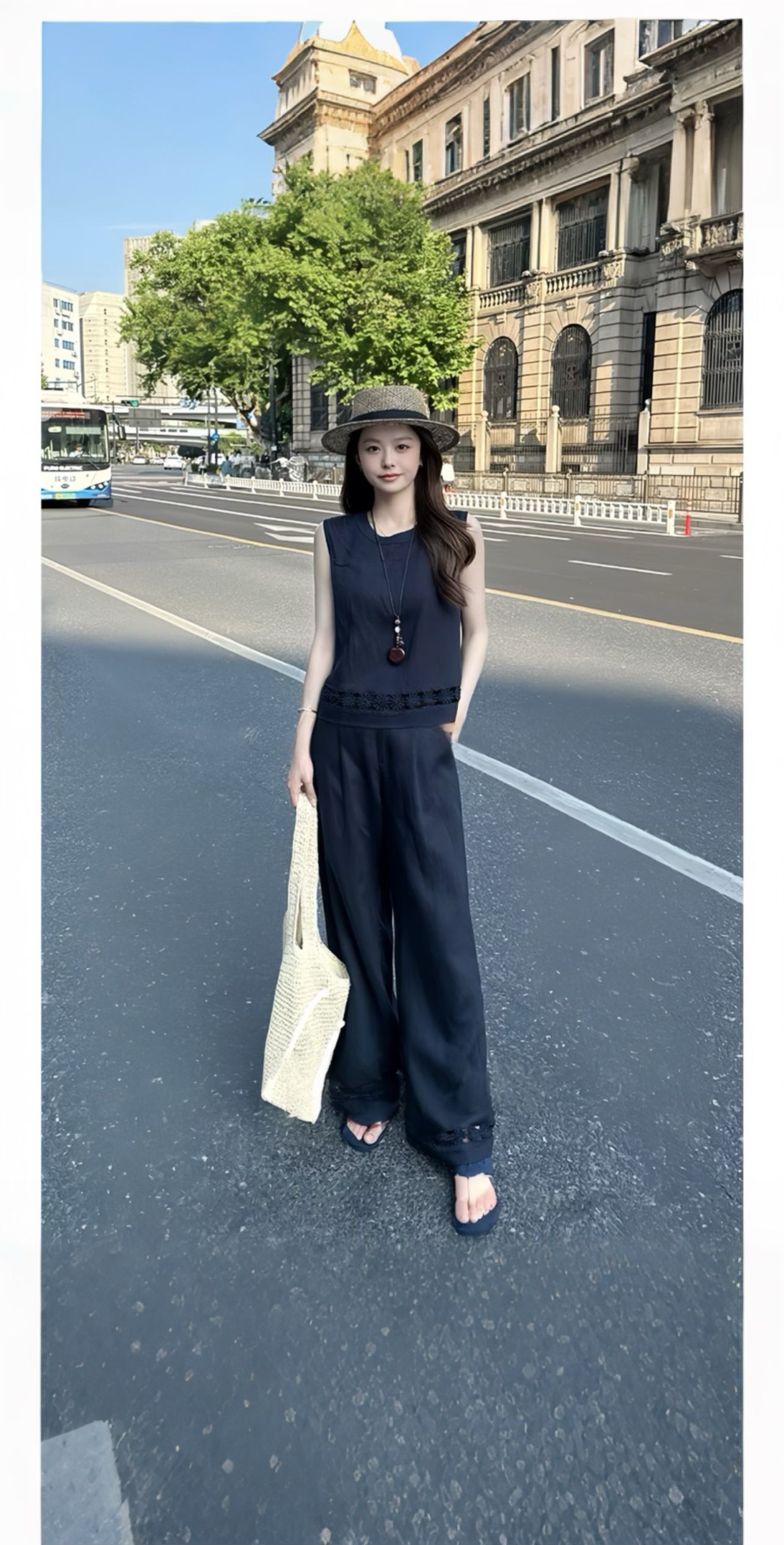 夏季新款慵懒风复古无袖上衣宽松直筒裤套装