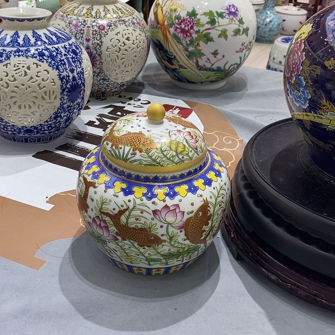 锦***鲤摆件陶两个18cm鱼藻纹茶叶罐