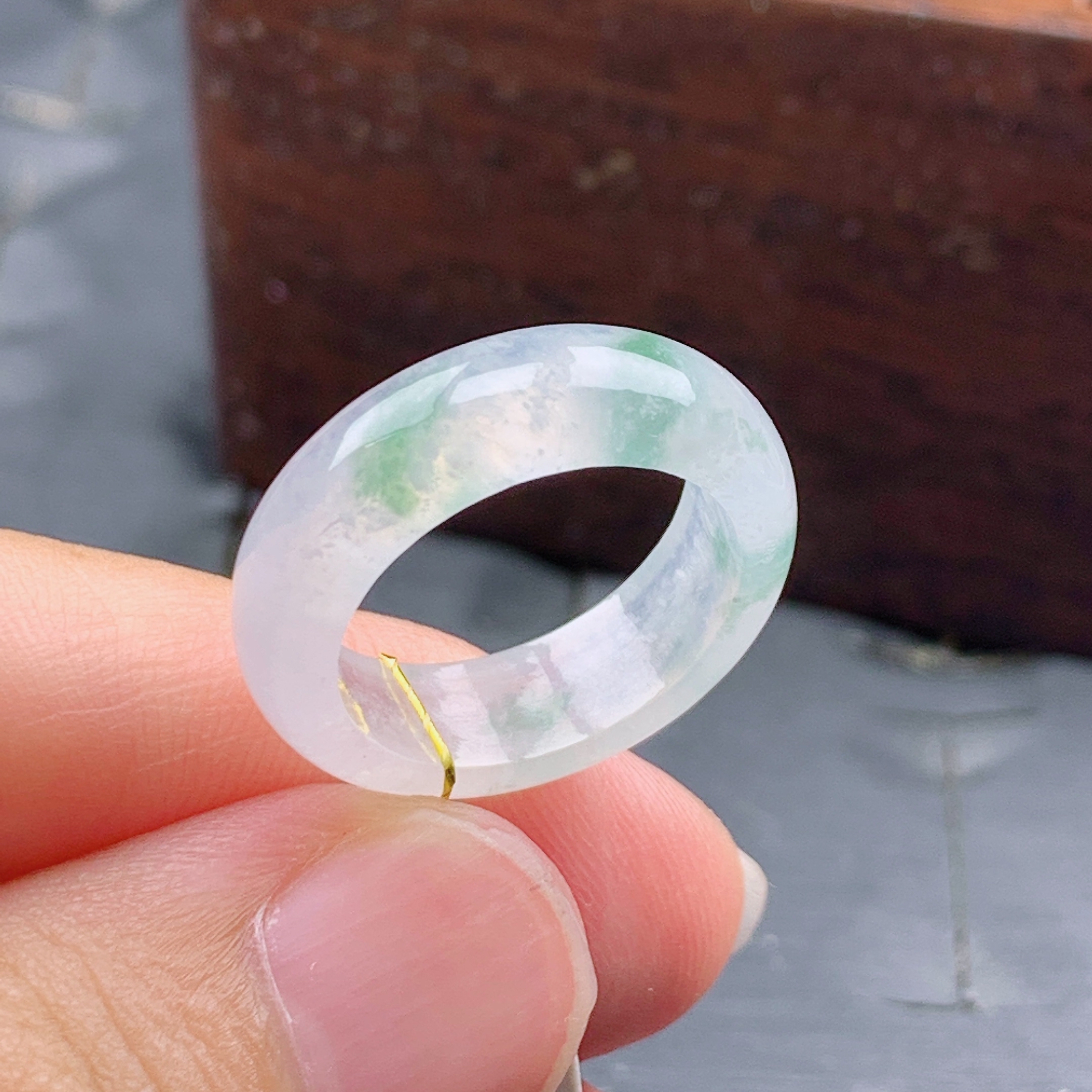 10号缅甸天然A货翡翠 T849 内径16/5.7/3mm 冰飘花戒指