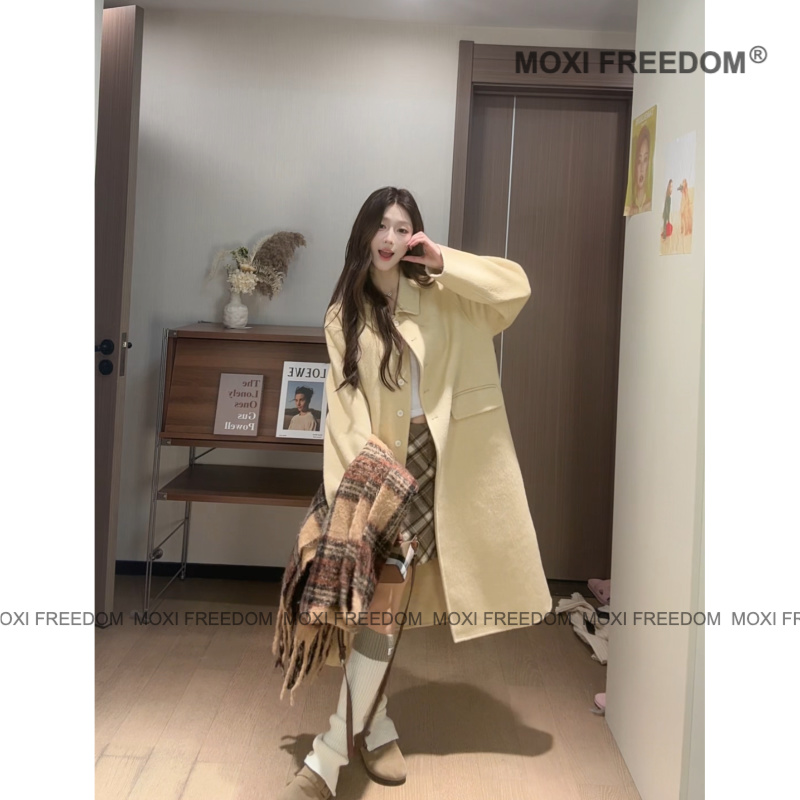 【布拉安妮】25年新款减龄娃娃领蓝色中长款双面羊毛呢大衣外套女装