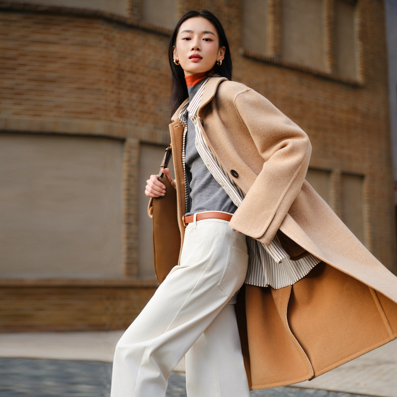 EP雅莹2025秋冬新款女装 100绵羊毛翻领长款双面呢大衣外套8312A