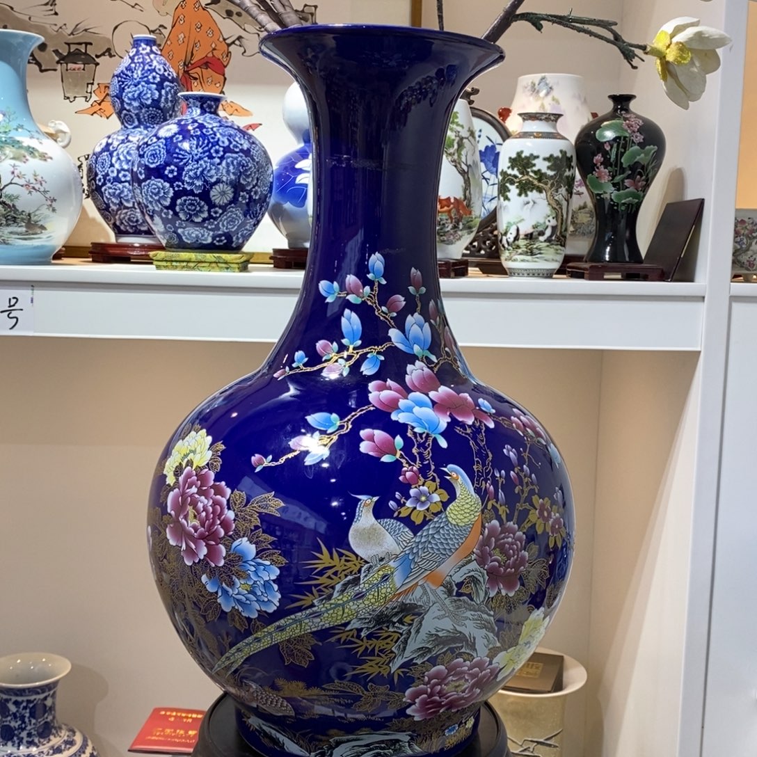才****摆件陶两个60cm霁蓝锦堂富贵赏瓶