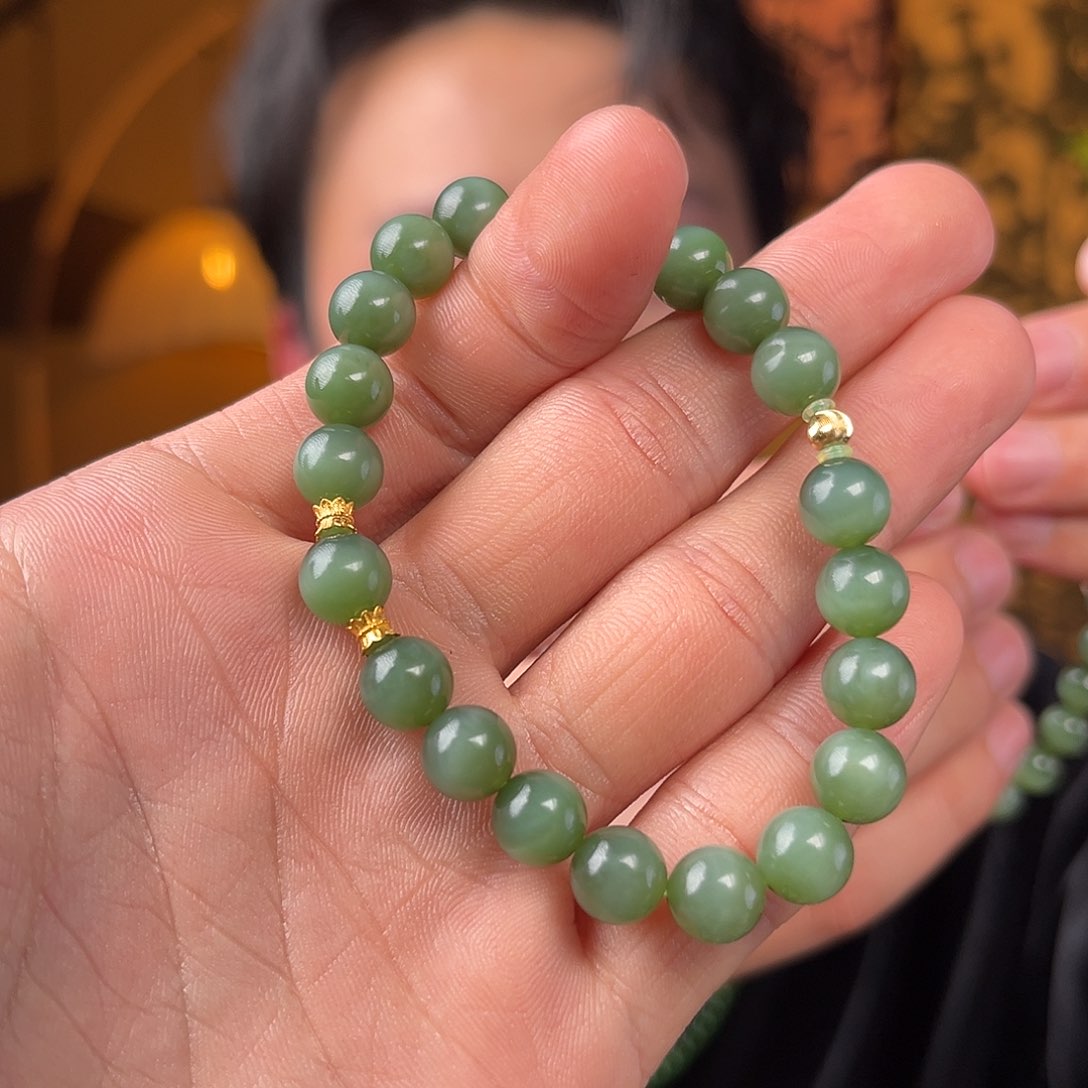 和田玉手串18K金镶嵌无矿点碧玉猫眼一线猫