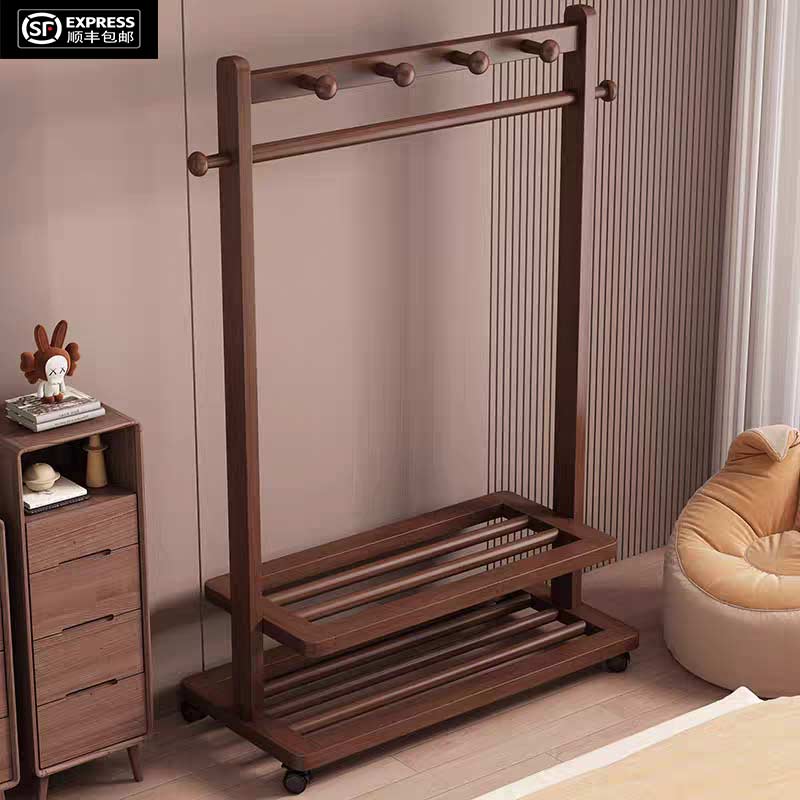 新中式衣帽架落地卧室挂衣架室内可移动挂衣服晾衣架衣架子实木
