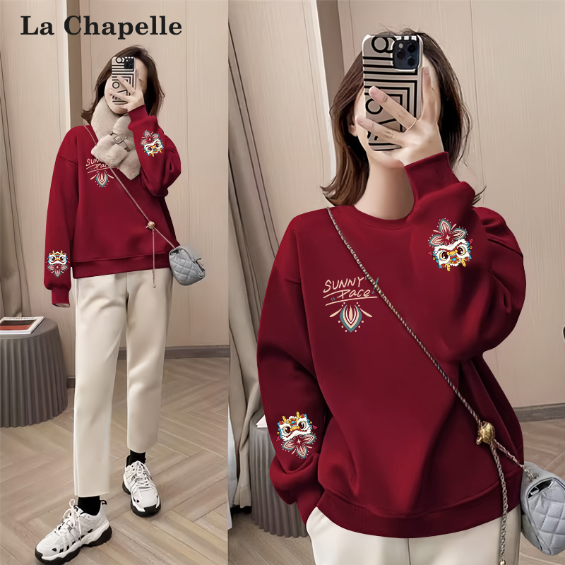 拉夏贝尔酒红卫衣女2026马年本命年新款爆款上衣外套国潮百搭女装