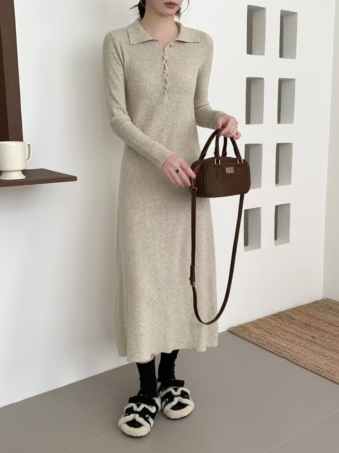 【族宛】法式针织连衣裙女秋冬新款高级感显瘦长袖打底内搭长裙