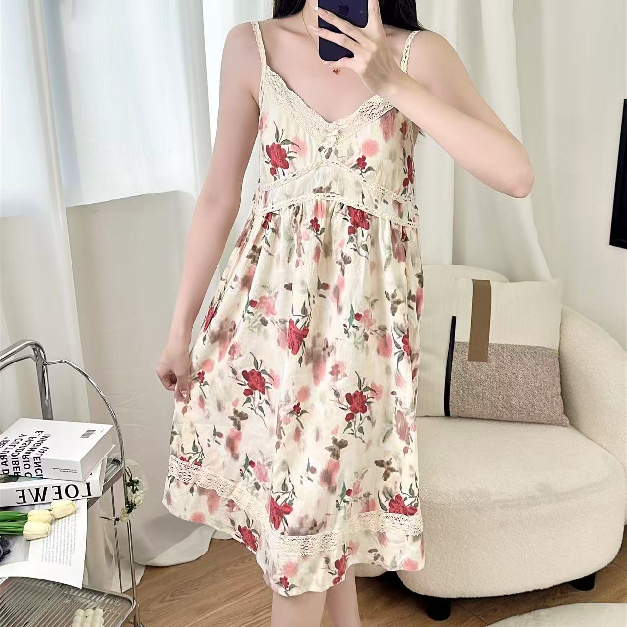 2025睡衣女夏季新款干枯玫瑰吊带碎花甜美睡裙无袖带胸垫女家居服