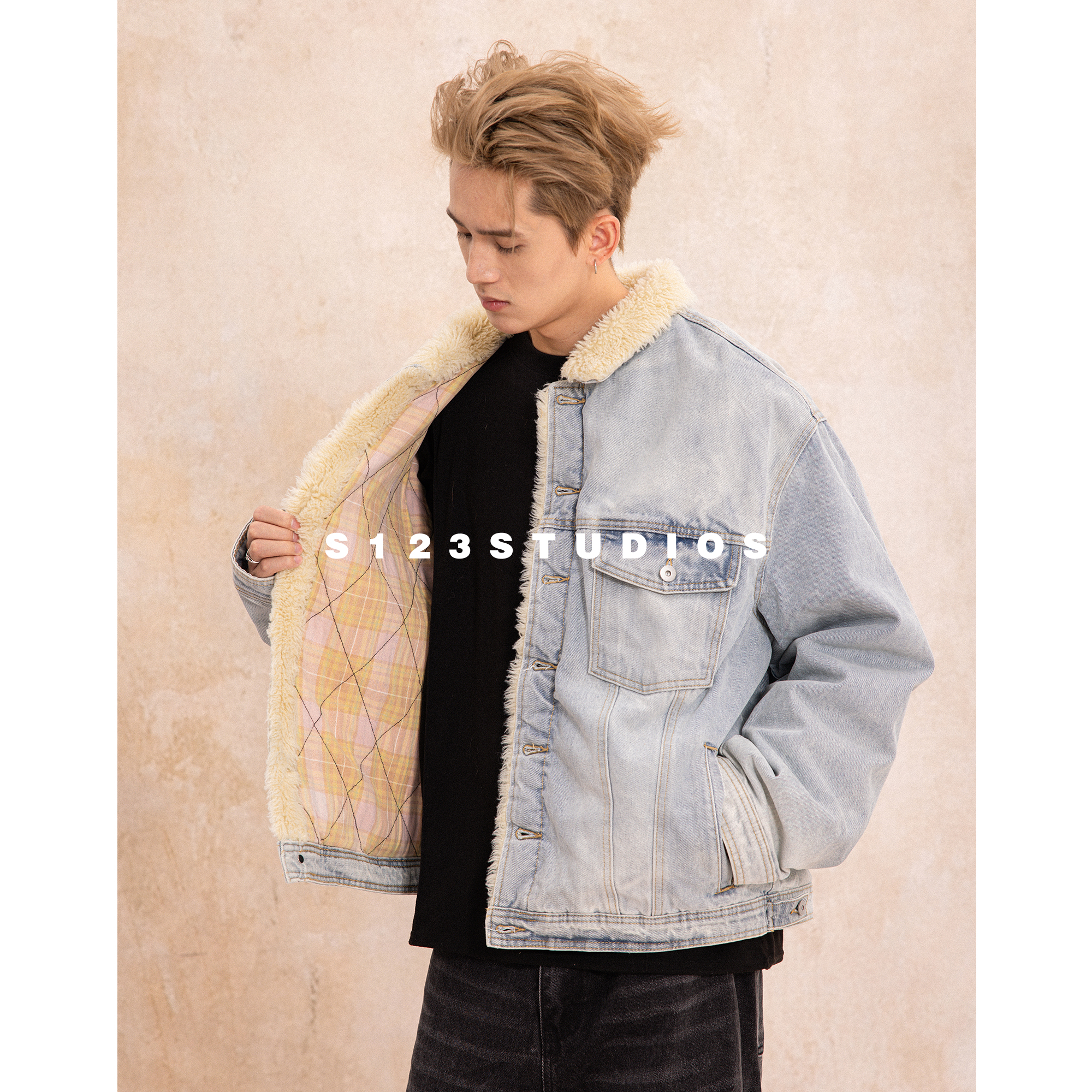 秋冬厚款复古夹棉牛仔服拼色格子夹克宽松情侣百搭外套8188