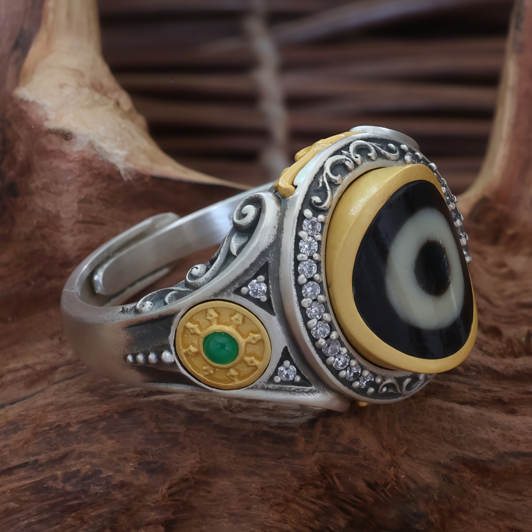 925银戒指 个性复古聚缘珠珠雕刻镶嵌吉祥轮一眼活口可调节戒指