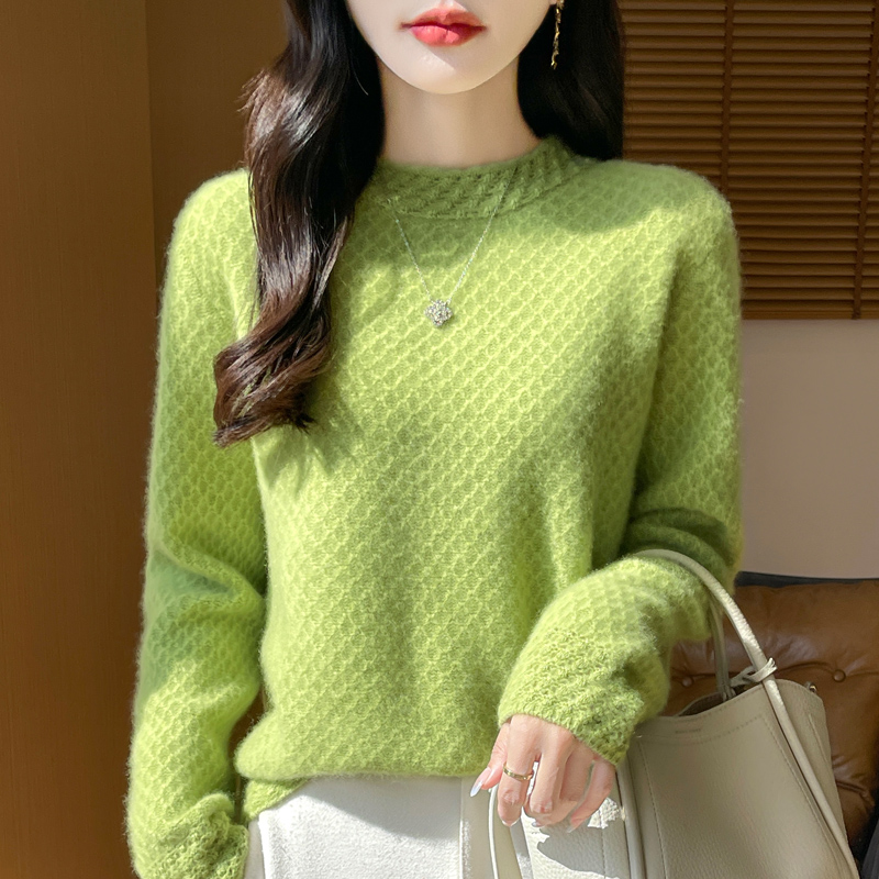 100%纯羊毛七针加厚半高蜂窝针织上衣D306清