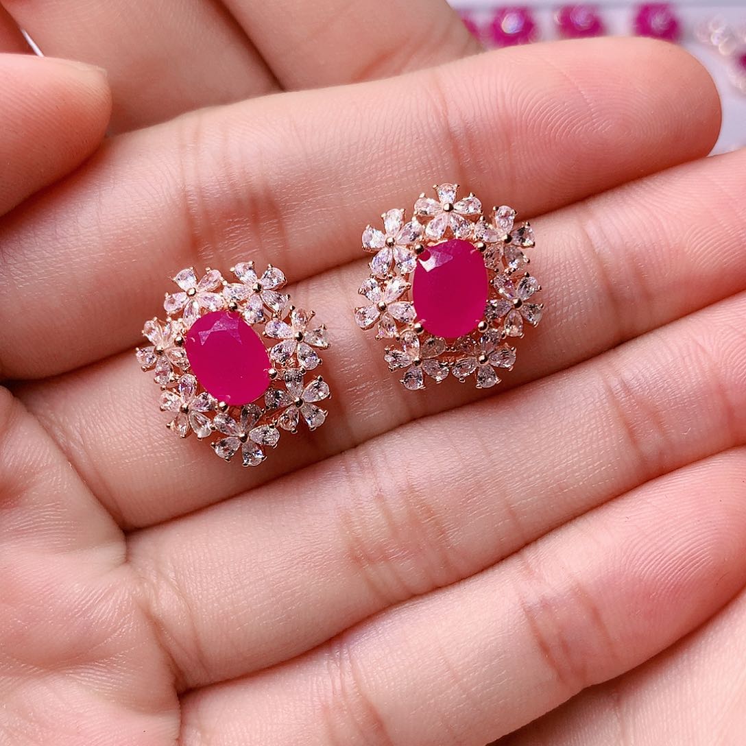 红宝石耳饰银S925镶嵌
