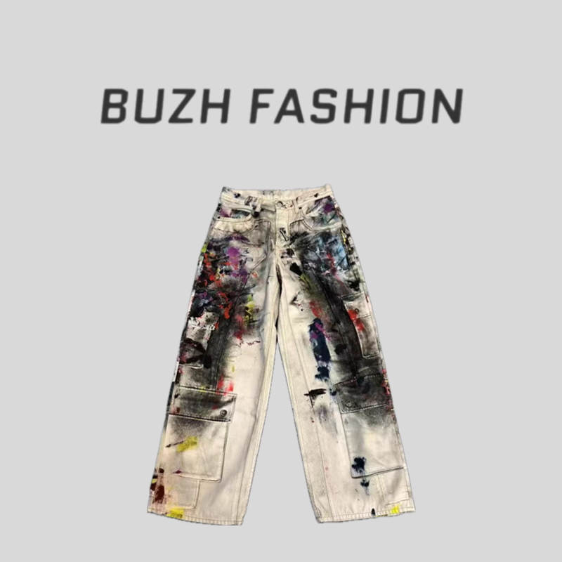 BUZH 新款个性高品质小众设计感泼墨工艺脏脏裤卡胯中直筒牛仔裤
