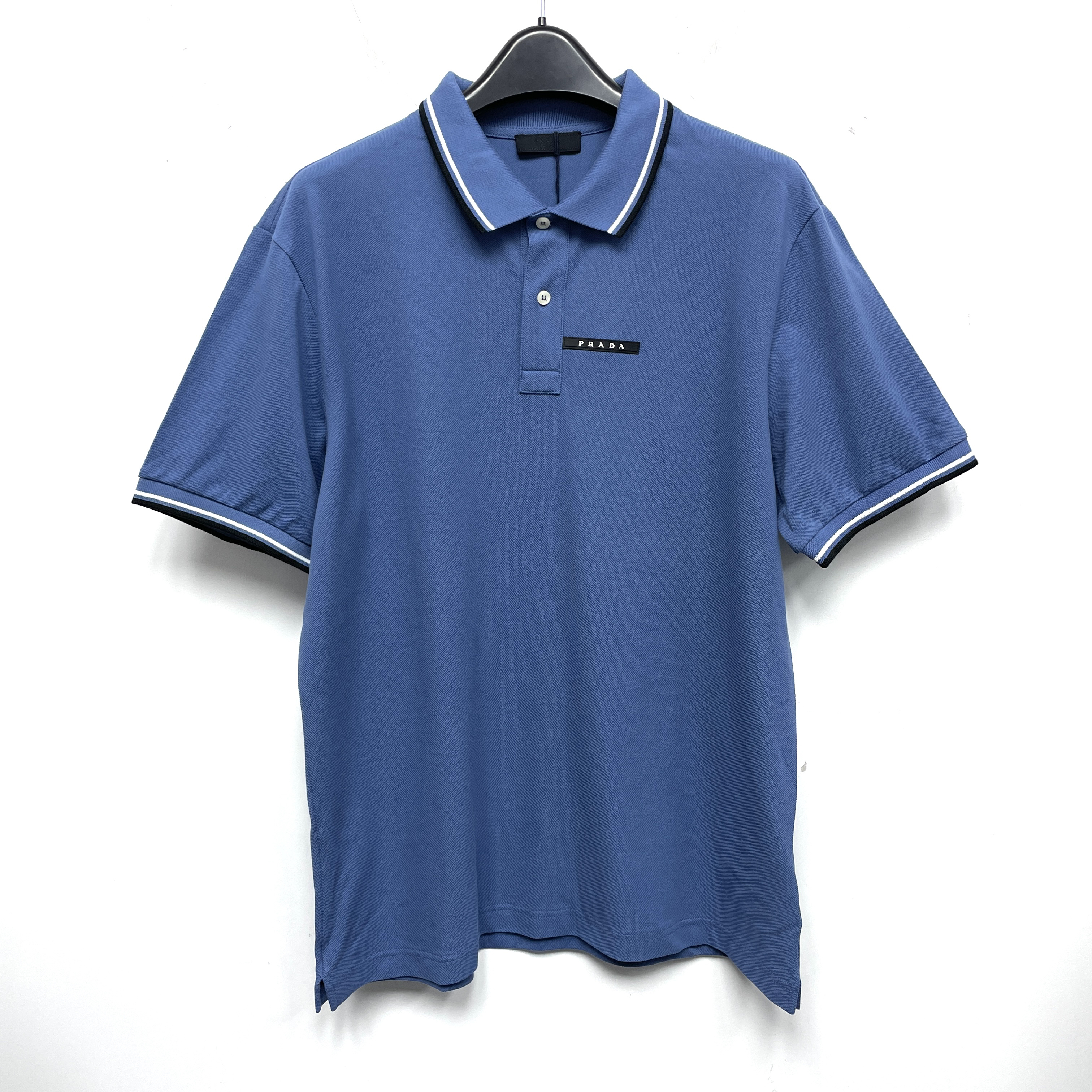 未使用 Prada/普拉达 经典黑色胸标湖蓝色休闲翻领Polo衫短袖