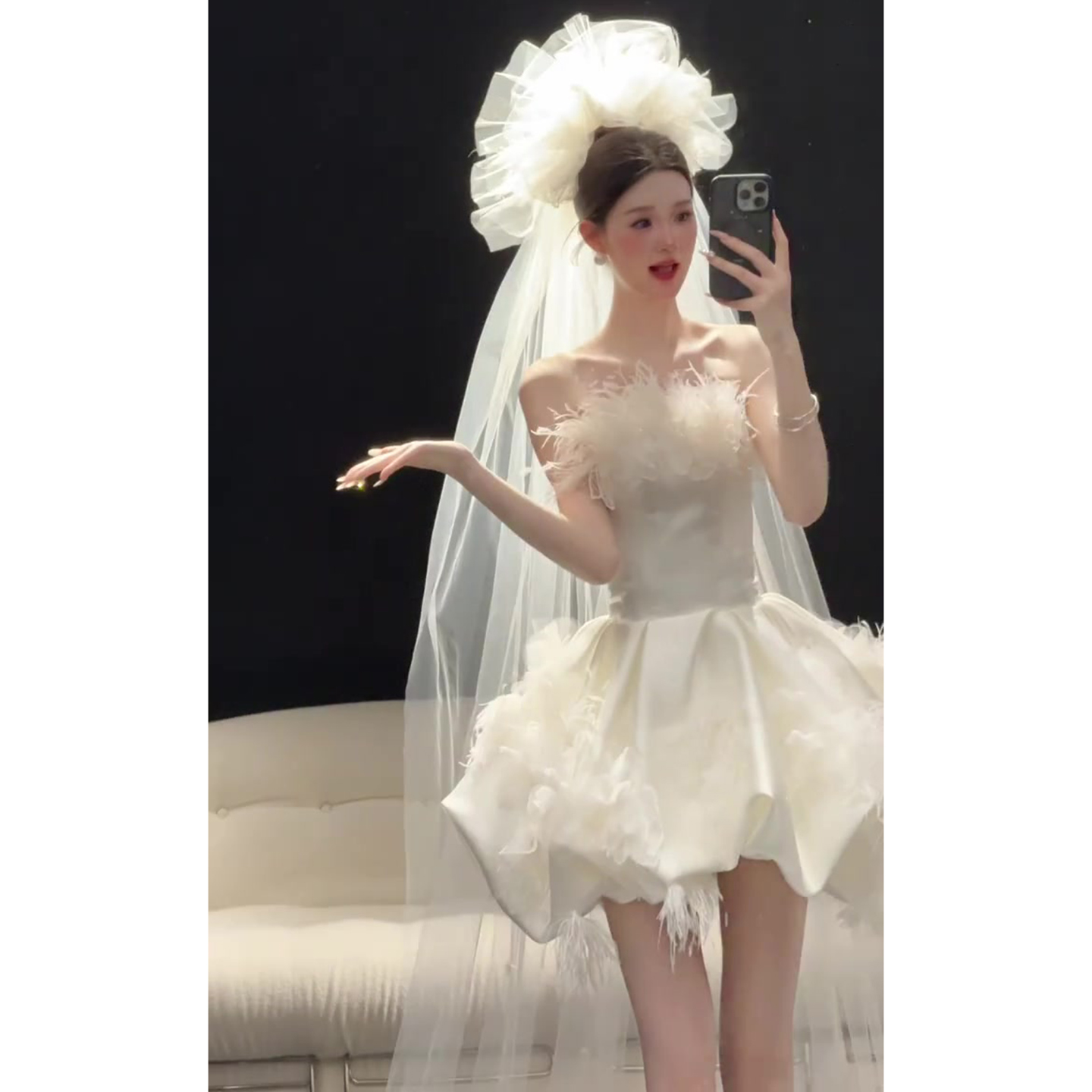 法式头纱新娘结婚主婚纱跟妆造型头饰高级感抓泡蓬蓬纱领证登记女