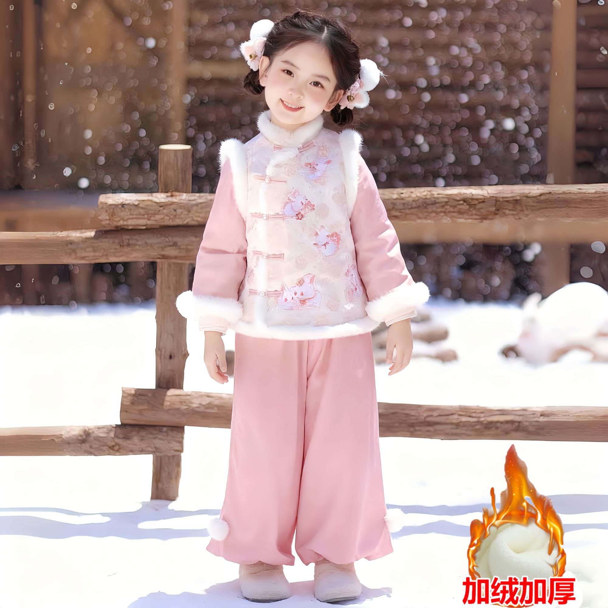 女童中国风套装冬加厚新中式儿童女宝加绒加厚棉服刺绣工艺拜年服