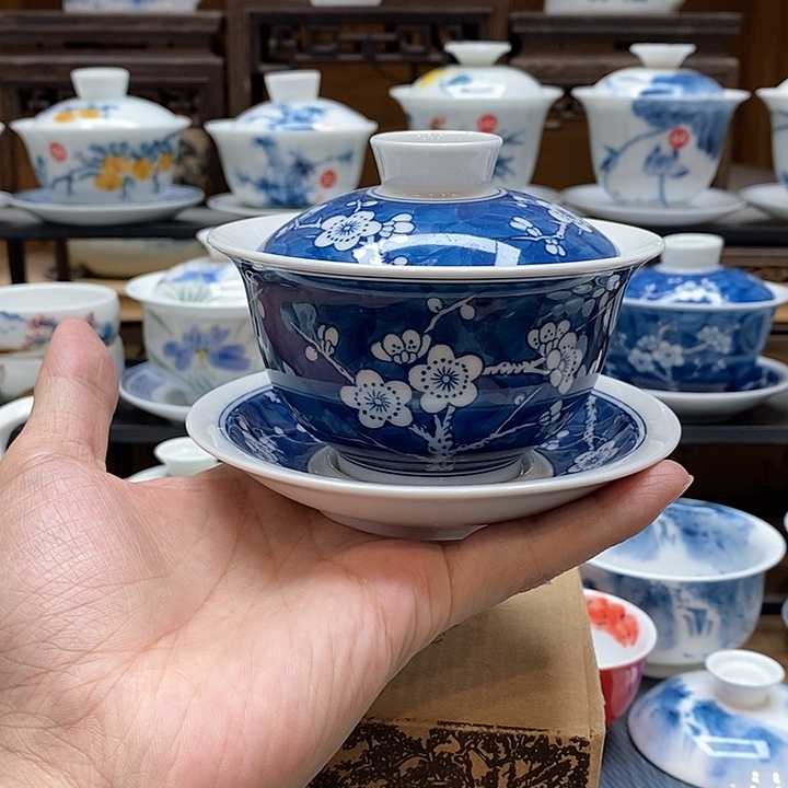 手绘冰梅三才盖碗200cc釉下彩微瑕福利款