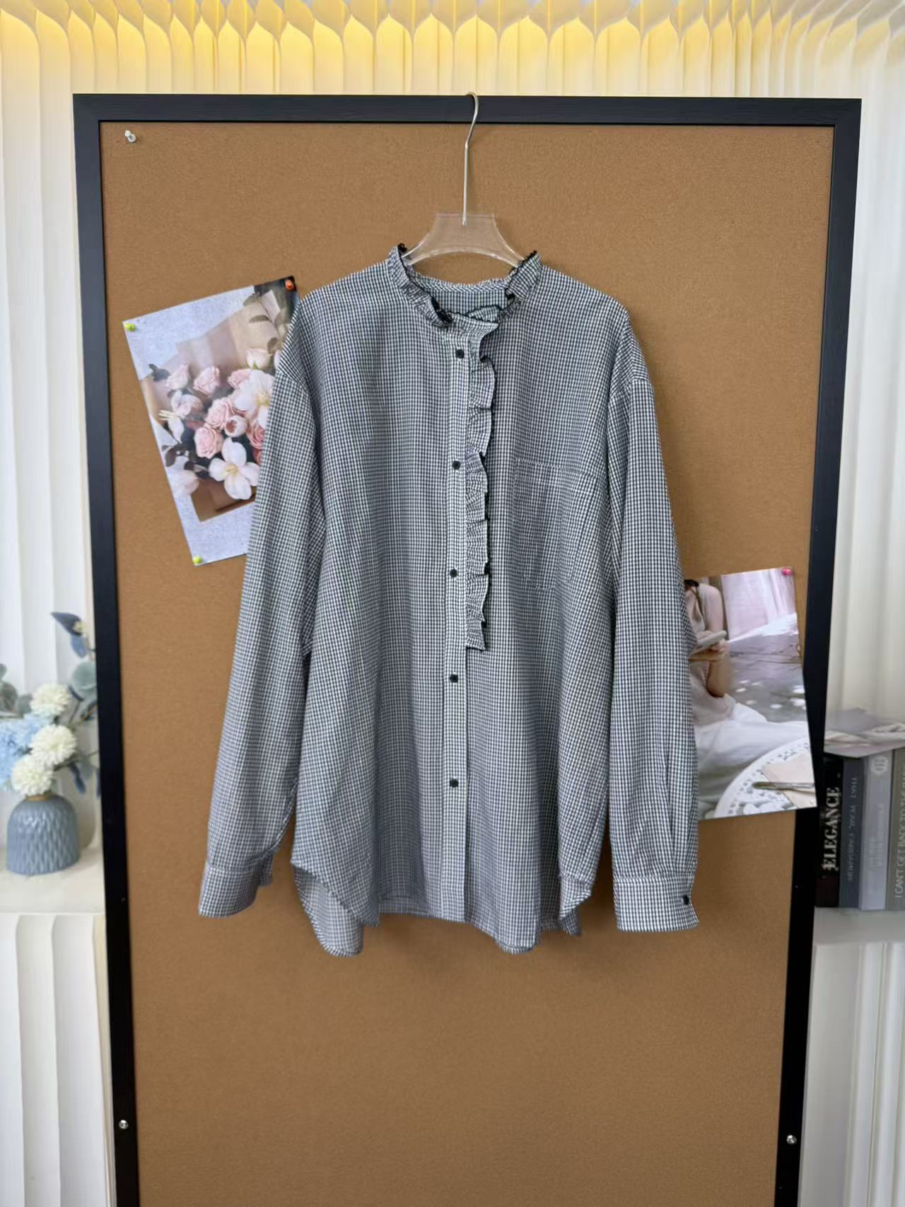 现货【M/Q木耳边格子衬衫】2025冬新品丝棉混纺格纹立领长袖衬衣